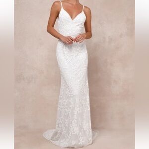 Lulus Everlasting Passion White Sequin Beaded Backless Maxi Dress size XS NWT